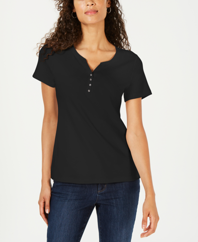 Shop Karen Scott Short Sleeve Henley Top, Created For Macy's In Black