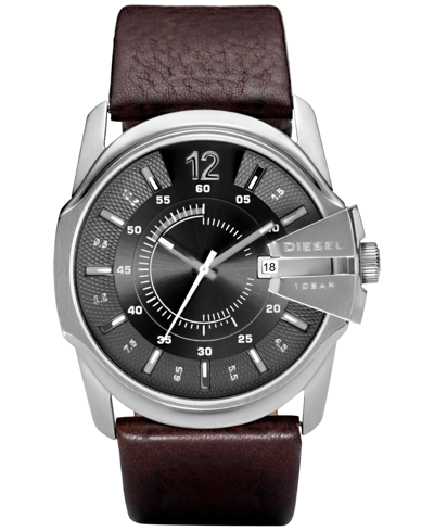 Shop Diesel Men's Master Chief Dark Brown Leather Strap Watch 45x51mm In White