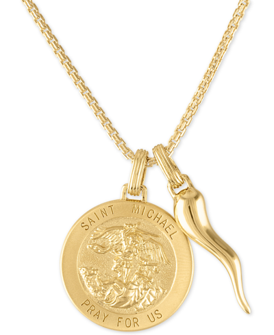 Shop Esquire Men's Jewelry St. Michael Medallion & Horn 24" Pendant Necklace In 14k Gold-plated Sterling Silver, Created For Ma