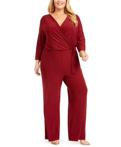 Shop Ny Collection Plus Size Surplice Jumpsuit In Red
