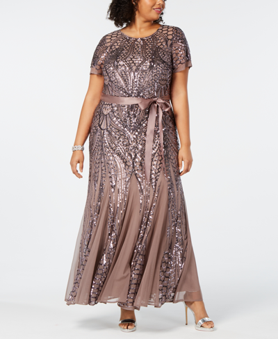 Shop R & M Richards Plus Size Sequined Godet Gown In Brown