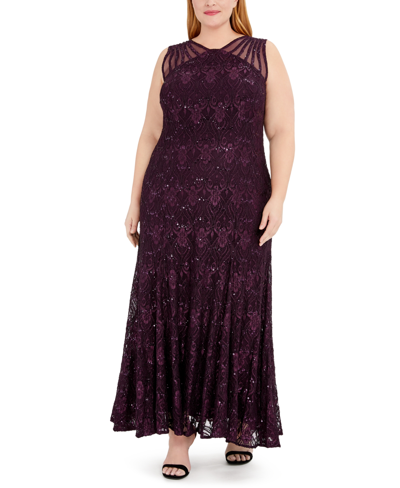 Shop R & M Richards Plus Size Sequin Lace Gown In Purple