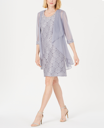 Shop R & M Richards Embellished Lace Sheath Dress & Jacket In Gray