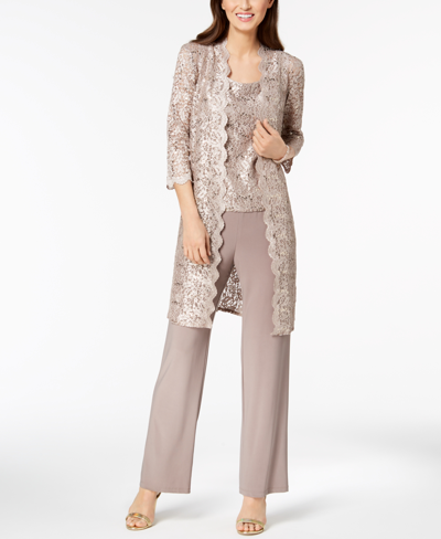 Shop R & M Richards 3-pc. Sequined Lace Pantsuit & Jacket In Tan/beige