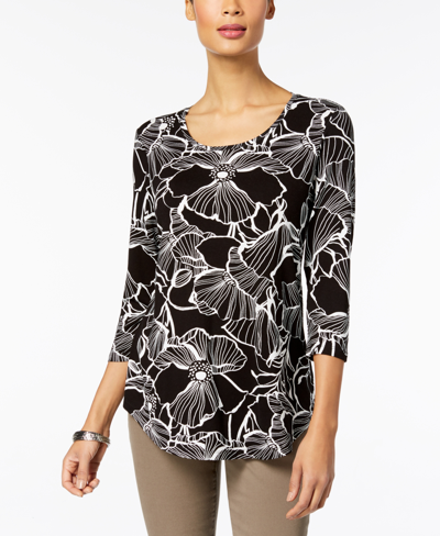 Jm Collection Petite 3/4-sleeve Printed Top, Created For Macy's In Black  Silhouette