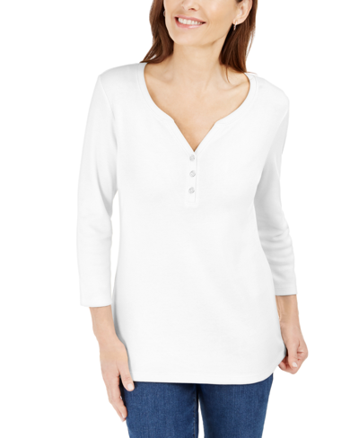 Shop Karen Scott Petite 3/4-sleeve Henley Shirt, Created For Macy's In White