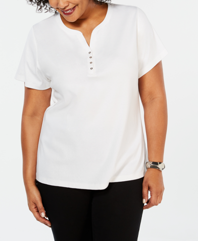 Shop Karen Scott Plus Size Cotton Henley Top, Created For Macy's In White