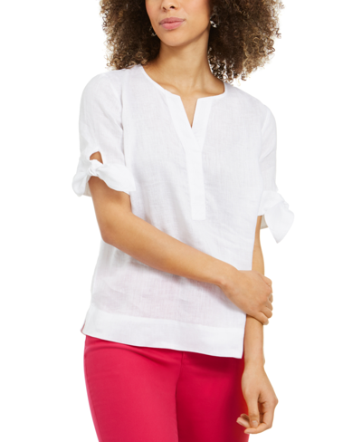 Shop Charter Club Petite Linen Split-neck Top, Created For Macy's In White