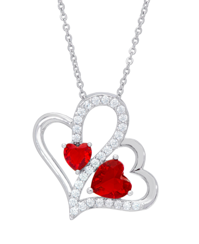 Shop Macy's Women's Fine Silver Plated Simulated Ruby Cubic Zirconia Double Heart Pendant Necklace In Gray