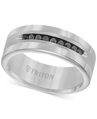 Shop Triton Men's Tungsten And Sterling Silver Ring, Channel-set Black Diamond Accent Wedding Band In Gray