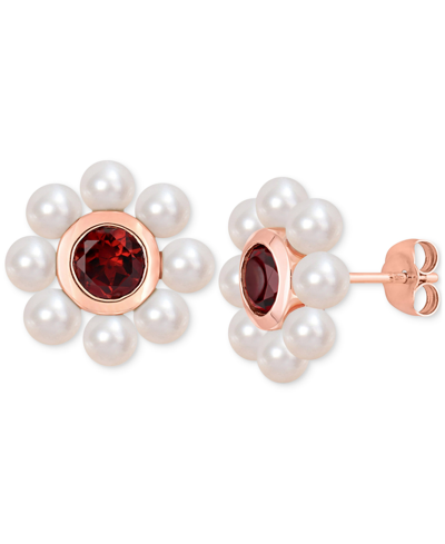 Shop Macy's Rhodolite Garnet (1-1/8 Ct. T.w.) & Cultured Freshwater Pearl (3-1/2 - 4mm) Flower Stud Earrings In  In Red