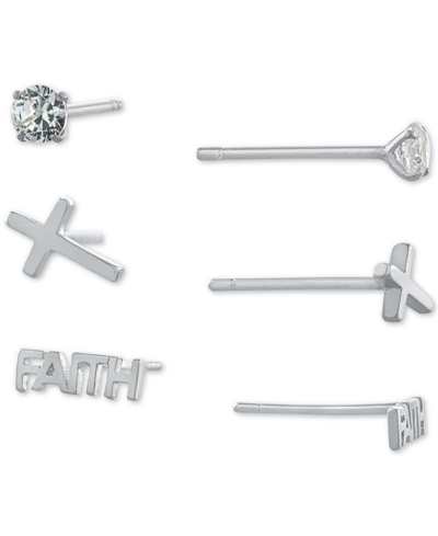 Shop Giani Bernini 3-pc. Set Cubic Zirconia & Faith-themed Stud Earrings In Sterling Silver, Created For Macy's