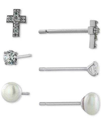 Shop Giani Bernini 3-pc. Cubic Zirconia & Cultured Freshwater Pearl (4mm) Stud Earrings In Sterling Silver, Created For