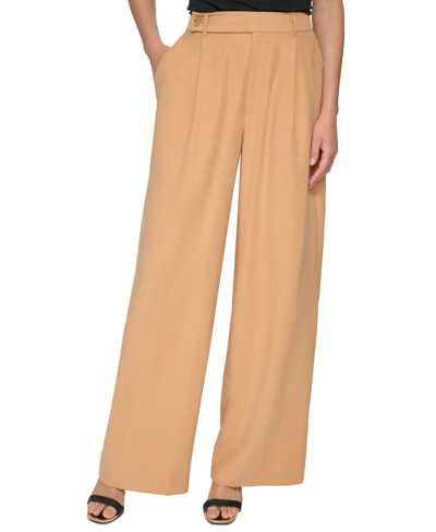 Shop Dkny Women's Tab-waist Wide-leg Pants In Brown