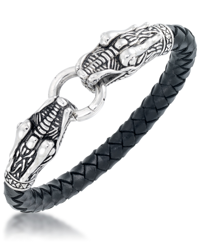 Shop Andrew Charles By Andy Hilfiger Men's Dragon Head Leather Bracelet In Stainless Steel