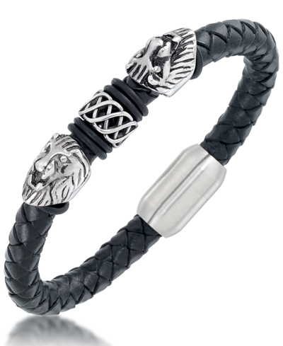 Shop Andrew Charles By Andy Hilfiger Men's Black Leather Lion Head Bracelet In Stainless Steel