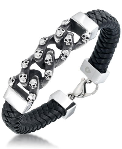 Shop Andrew Charles By Andy Hilfiger Men's Skull Link Leather Bracelet In Stainless Steel