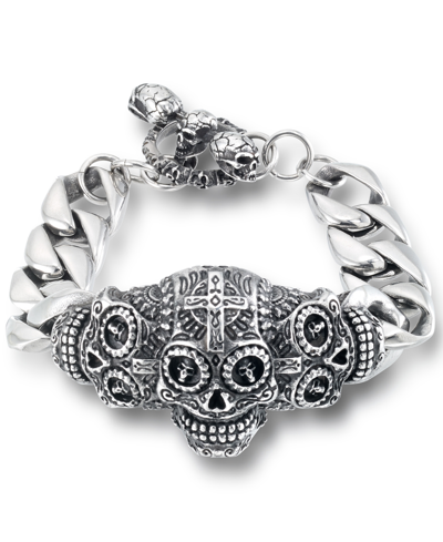 Shop Andrew Charles By Andy Hilfiger Men's Ornamental Skull Curb Link Bracelet In Stainless Steel