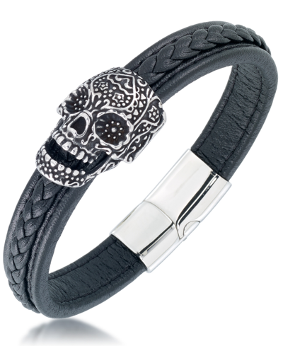 Shop Andrew Charles By Andy Hilfiger Men's Ornamental Skull Leather Bracelet In Stainless Steel