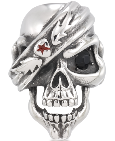 Shop Andrew Charles By Andy Hilfiger Men's Black Cubic Zirconia & Red Enamel Pirate Skull Ring In Stainle