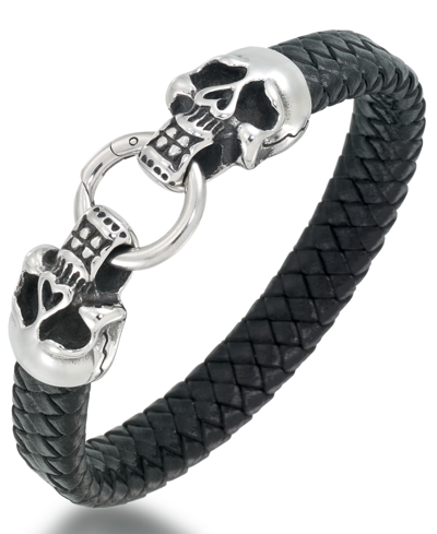 Shop Andrew Charles By Andy Hilfiger Men's Leather Skull Head Bracelet In Stainless Steel