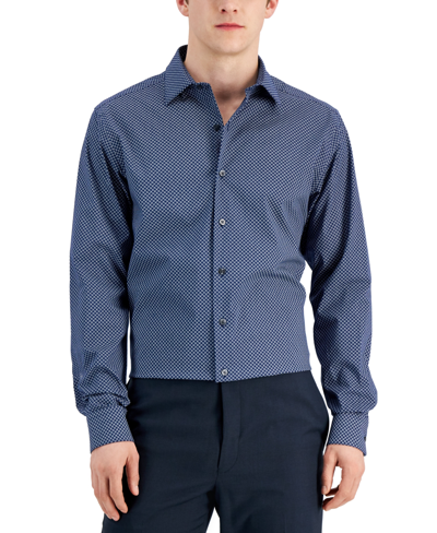 Shop Alfani Men's Slim Fit 2-way Stretch Stain Resistant Puzzle Print Dress Shirt, Created For Macy's In Blue