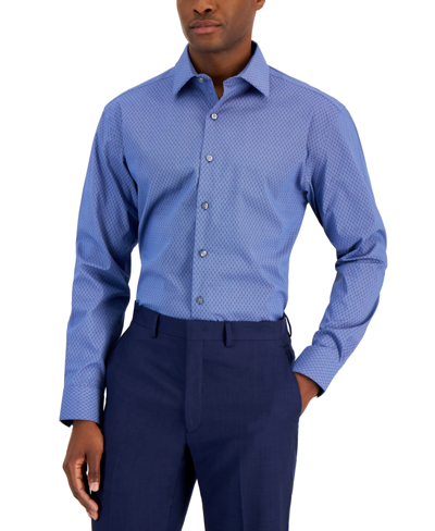 Shop Alfani Men's Regular Fit 2-way Stretch Stain Resistant Honeycomb Dress Shirt, Created For Macy's In Blue