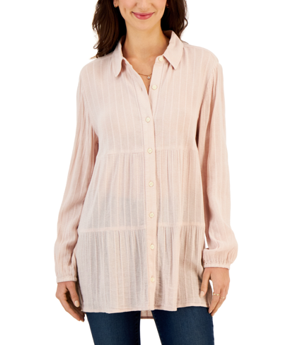 Shop Style & Co Women's Textured-stripe Button Shirt, Created For Macy's In Pink