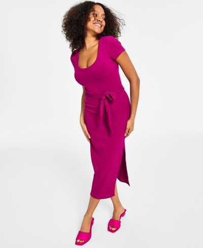 Shop Bar Iii Women's Ribbed Short-sleeve Midi Dress, Created For Macy's In Purple