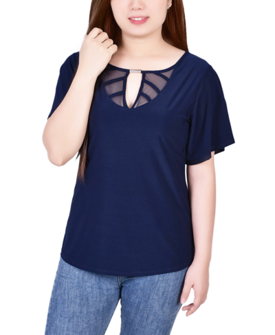 Shop Ny Collection Petite Mesh Flutter Sleeve Knit Top In Blue