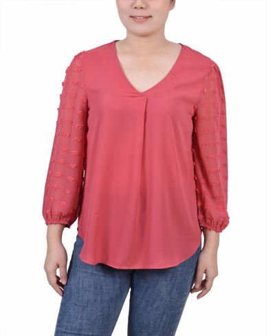 Shop Ny Collection Petite V-neck Blouse With 3/4 Jacquard Chiffon Sleeves In Red