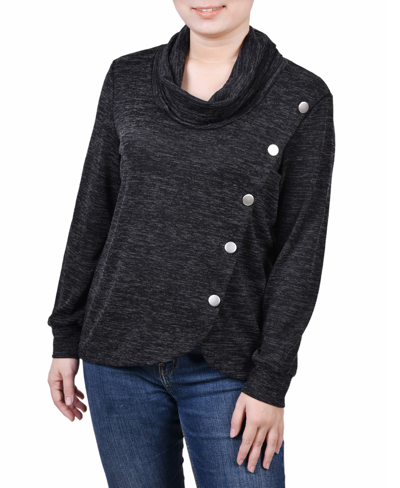 Shop Ny Collection Women's Missy Long Sleeve Overlapping Cowl Neck Top In Black