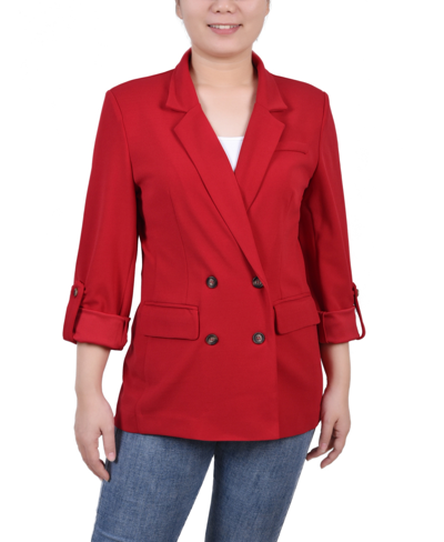Shop Ny Collection Petite Long Sleeve Double Breasted Crepe Blazer In Red