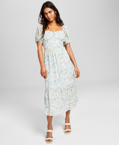 Shop And Now This Women's Printed Puff-sleeve Midi Dress In Blue