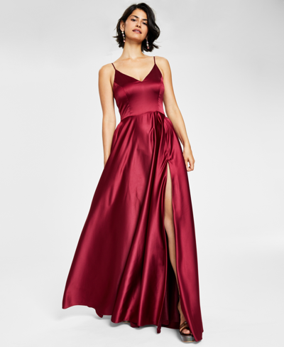 Shop B Darlin Juniors' V-neck Satin Gown, Created For Macy's In Red
