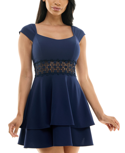 Shop B Darlin Juniors' Lace-trim Cap-sleeve A-line Dress In Blue