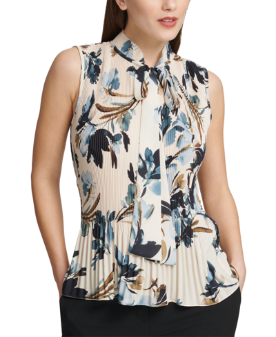 Shop Dkny Pleated Floral-print Sleeveless Blouse In Tan/beige