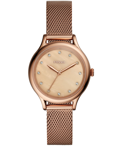 Shop Fossil Women's Laney Three Hand Rose Gold Stainless Steel Mesh Watch 34mm