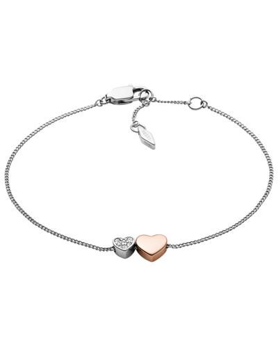 Shop Fossil Sutton Duo Hearts Stainless Steel Bracelet In Silver
