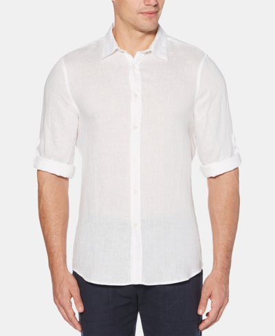 Shop Perry Ellis Men's Solid Linen Roll Sleeve Shirt In White