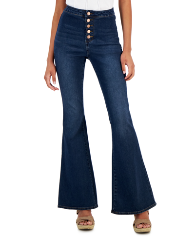 Shop Dollhouse Juniors' High-rise Button-fly Flare Jeans In Blue