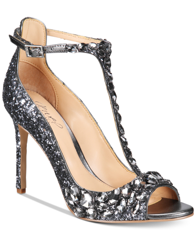 Shop Jewel Badgley Mischka Conroy T-strap Evening Sandals Women's Shoes In Gray