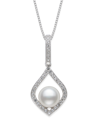 Shop Belle De Mer Cultured Freshwater Pearl (7mm) & Cubic Zirconia 18" Pendant Necklace In Sterling Silve In White