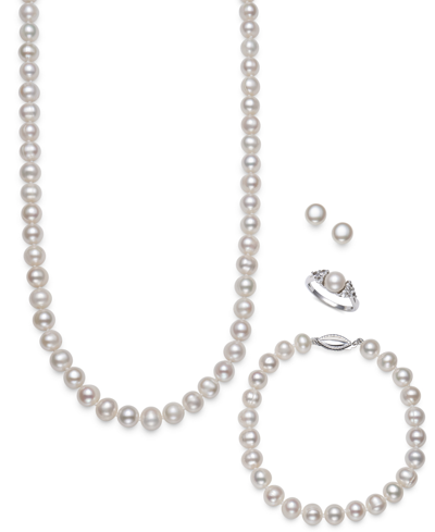 Shop Belle De Mer 4-pc. Set Cultured Freshwater Pearl (7-8mm) Necklace, Bracelet, Stud Earrings & Ring In In White