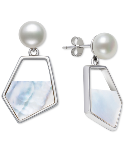 Shop Belle De Mer Cultured Freshwater Pearl (7mm) & Mother-of-pearl Drop Earrings In Sterling Silver In White