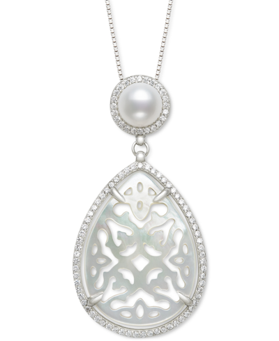 Shop Belle De Mer Cultured Freshwater Pearl (6mm), Carved Mother-of-pearl, & Cubic Zirconia 18" Pendant N In White