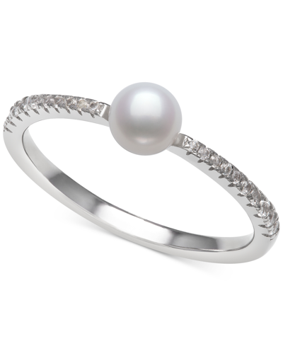 Shop Belle De Mer Cultured Freshwater Button Pearl (4mm) & Lab-created White Sapphire (1/4 Ct. T.w.) In 1