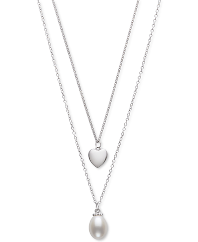 Shop Belle De Mer Cultured Freshwater Pearl (8mm) & Polished Heart Layered Necklace In Sterling Silver, 1 In White