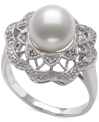 Shop Belle De Mer Cultured Freshwater Pearl (9mm) & Diamond Accent Filigree Statement Ring In Sterling Si In White