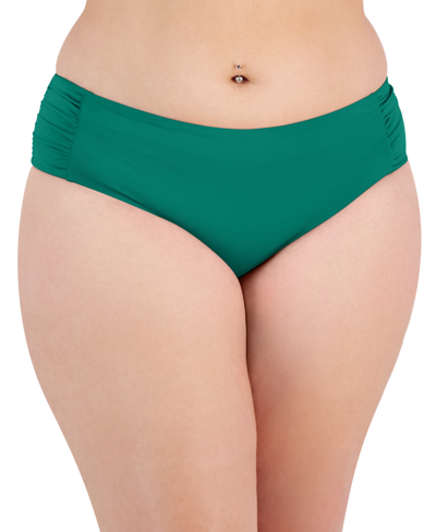 Shop Becca Etc Plus Size Color Code Side-shirred Hipster Bikini Bottoms Women's Swimsuit In Green
